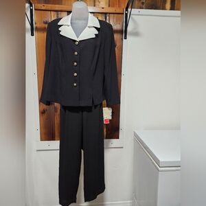 Leslie Fay Black Pantsuit with White Collar